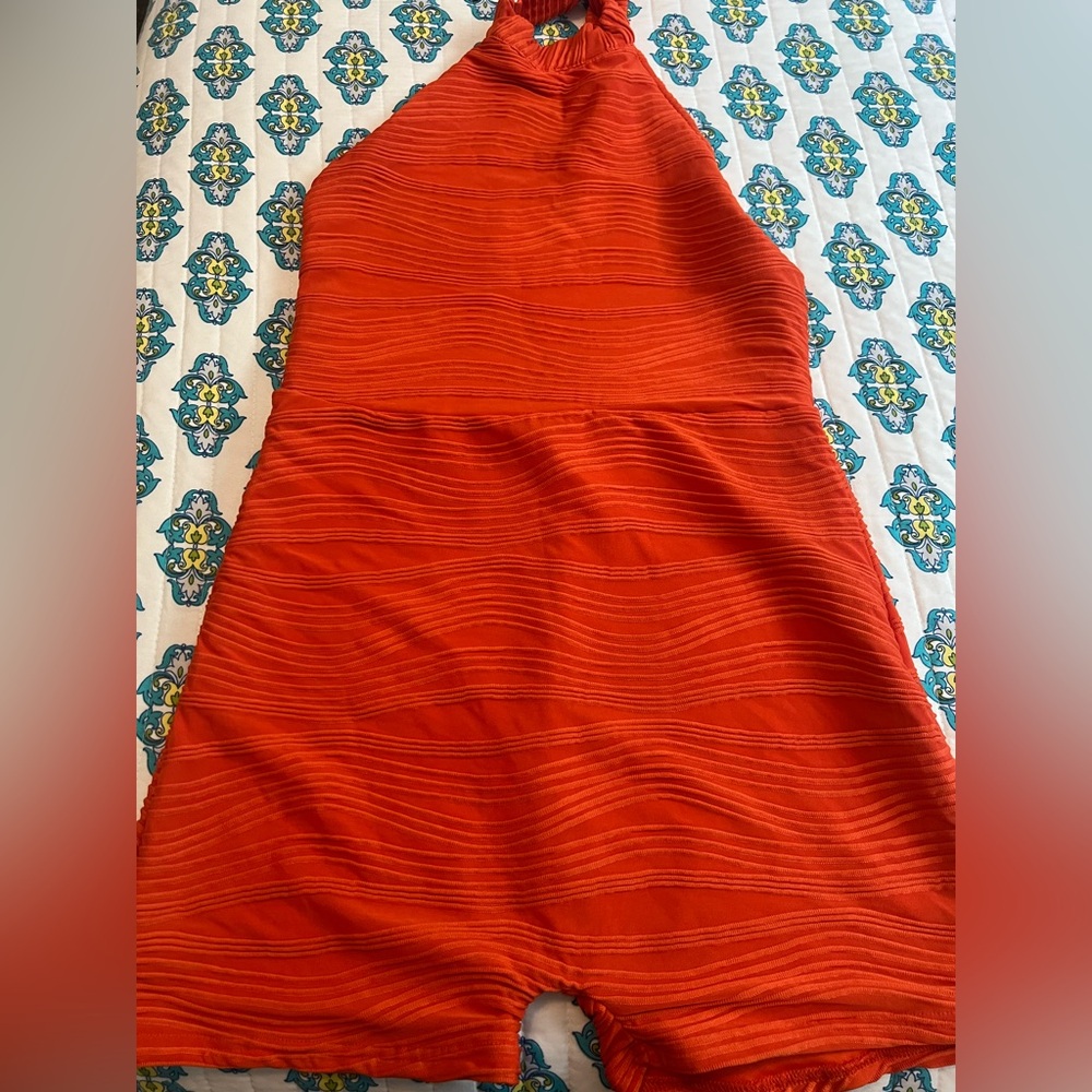SHEIN Strapless Orange Textured Romper Dress